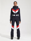 Women's Gsou Snow Retro Belted V Striped Flare One Piece Ski Suit