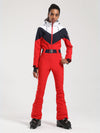 Women's Gsou Snow Retro Belted Color-Blocked Flare One Piece Ski Suit